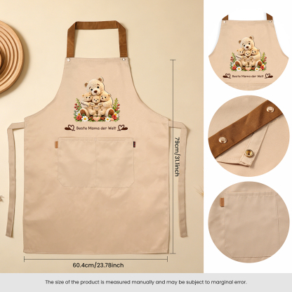 Personalisierte Kochschürze mit Tasche, personalisiert mit 1 bis 10 Namen und Teddybär-Motiv
