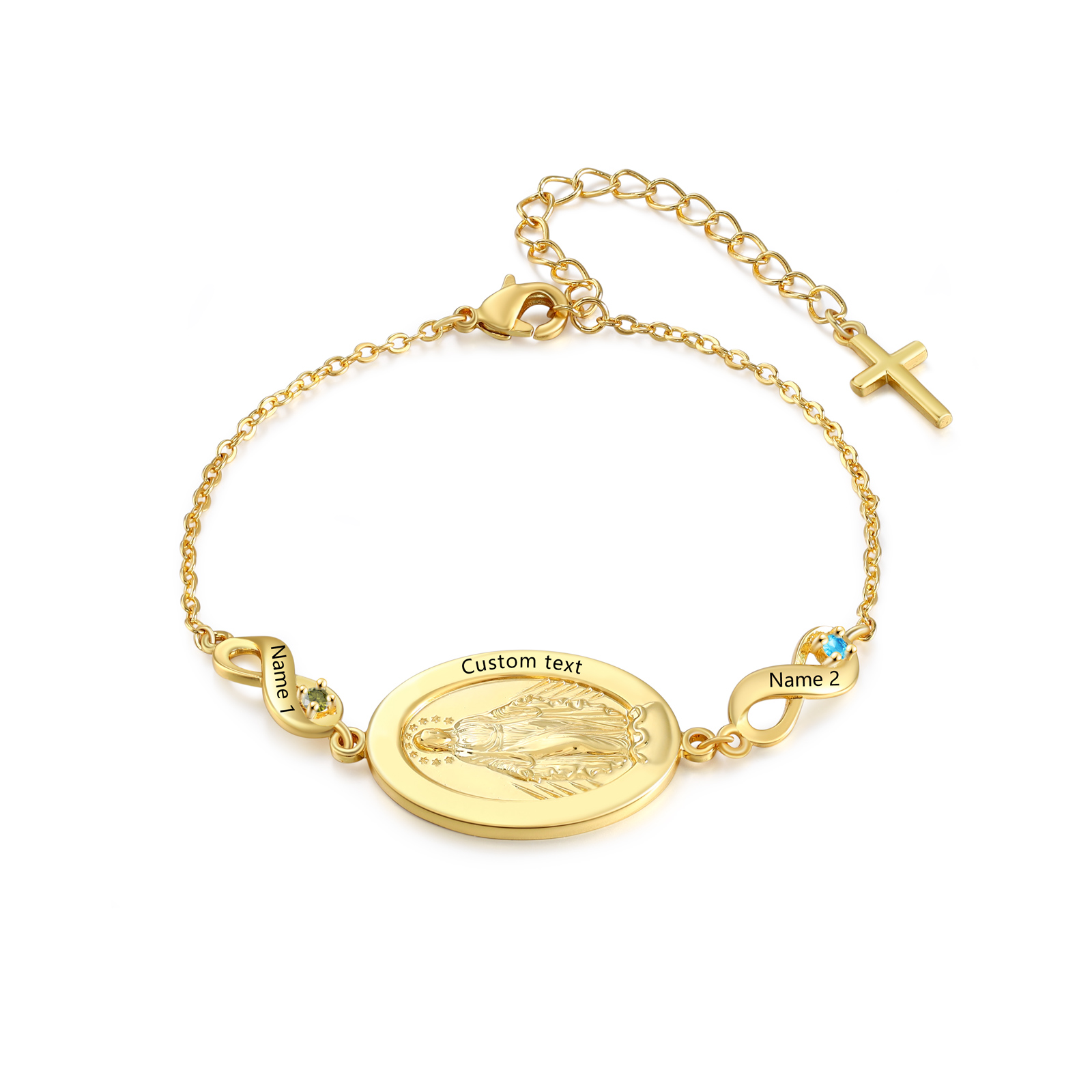 Personalisierbares Infinity-Armband aus Gold mit Marienmedaille & Geburtsstein