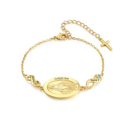 Personalisierbares Infinity-Armband aus Gold mit Marienmedaille & Geburtsstein