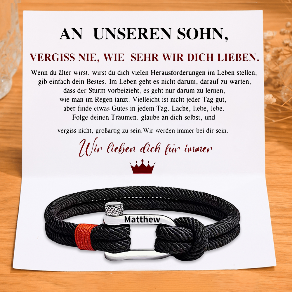 Personalisiertes Seilarmband für Sohn – Gravurarmband mit Botschaftskarte – Geschenk von Mama & Papa