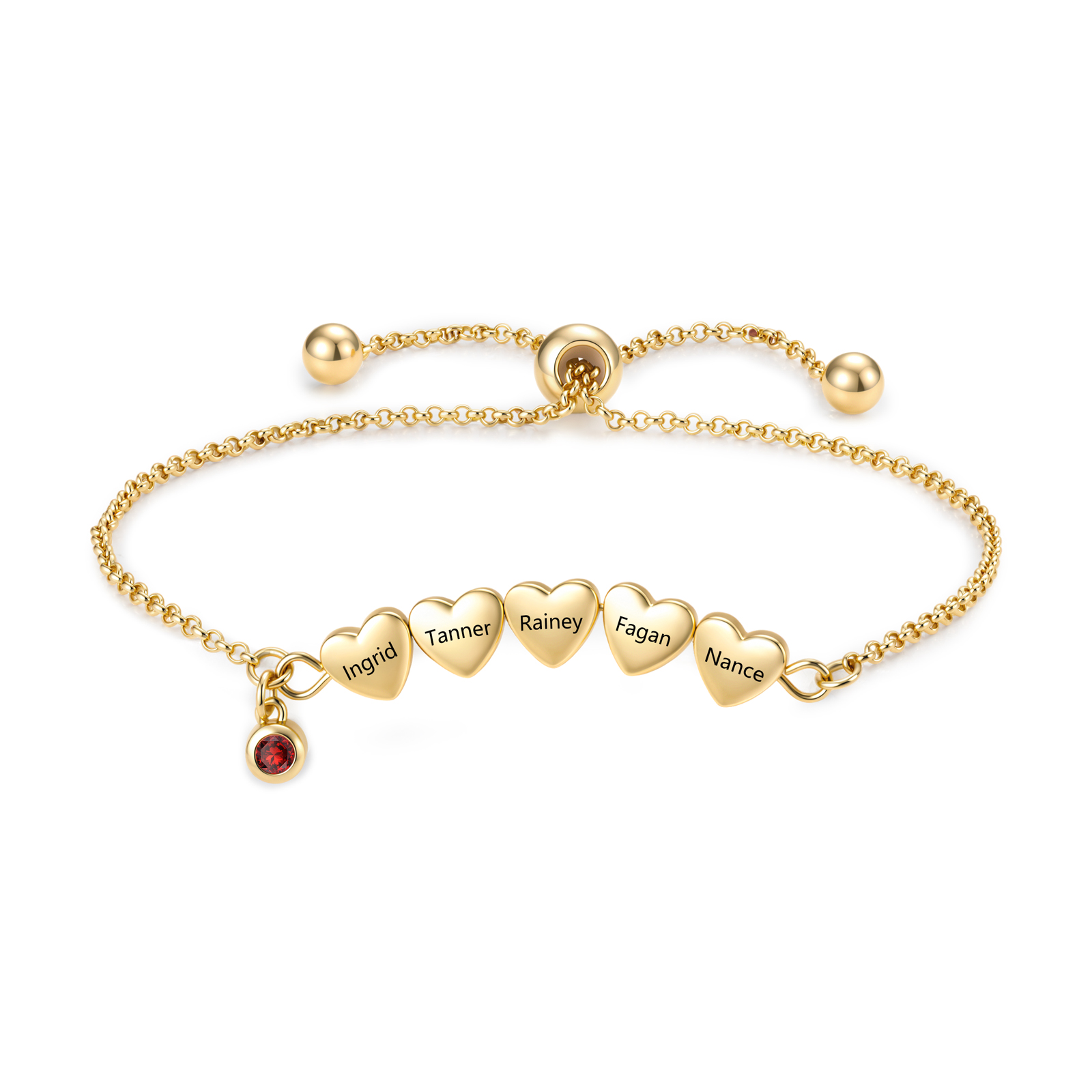 Personalisiertes Armband mit gravierten Herzen 2 bis 5 Namen und GeburtssteinGeschenk für Mama oder Oma Verstellbare vergoldete Kette