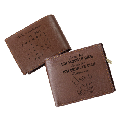 Personalisierte Herren-Ledergeldbörse mit Gravur von 2 Namen – Paar-Portemonnaie im Bifold-Design mit Datums-Kalender
