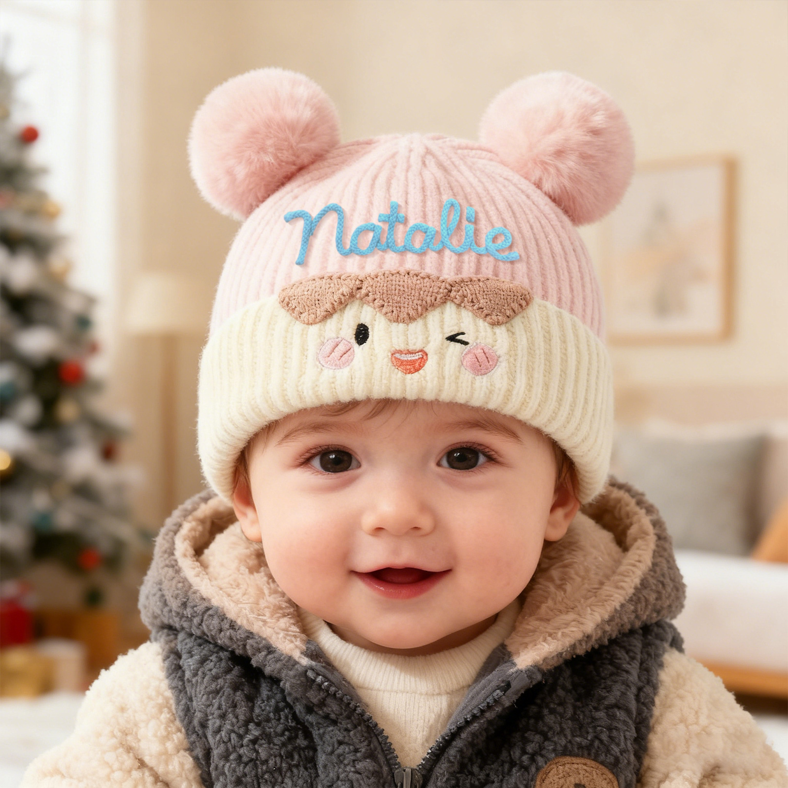 Bestickte warme Kinder-Beanie-Strickmütze mit Bommel und Wunschnamen