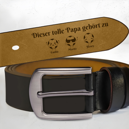 Personalisierter Ledergürtel, individuell gestaltet mit 1–8 Namen und Fußballmotiv – Vatertags- und Geburtstagsgeschenk für Papa, Opa, Ehemann | kettenmachen