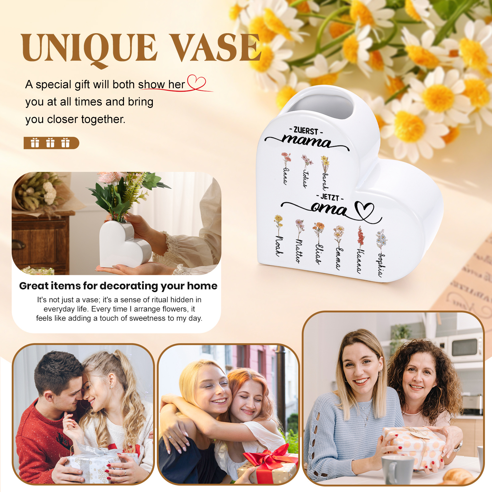 Personalisierte Keramik Herzvase mit 2–12 Geburtsmonat Blumen und Wunschname