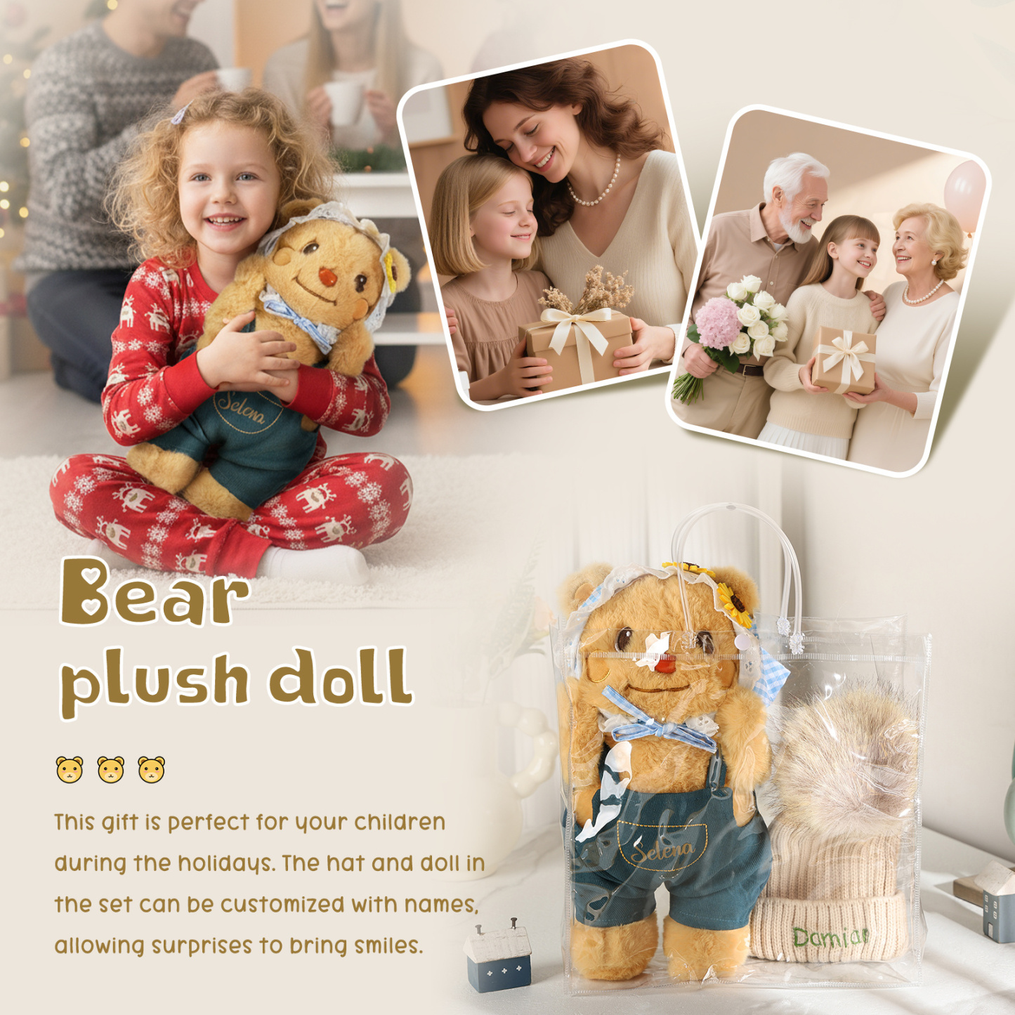 Personalisiertes Plüschbär-Set – Bommelmütze mit Namen bestickt