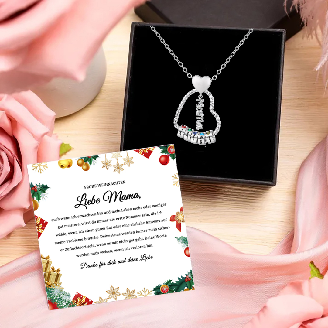 Personalisierte 5 Namen Herz Halskette mit 5 Geburtssteinen & Weihnachts-Geschenkkarte & GeschenkBox für Mama Mutter Geschenkkarte Set