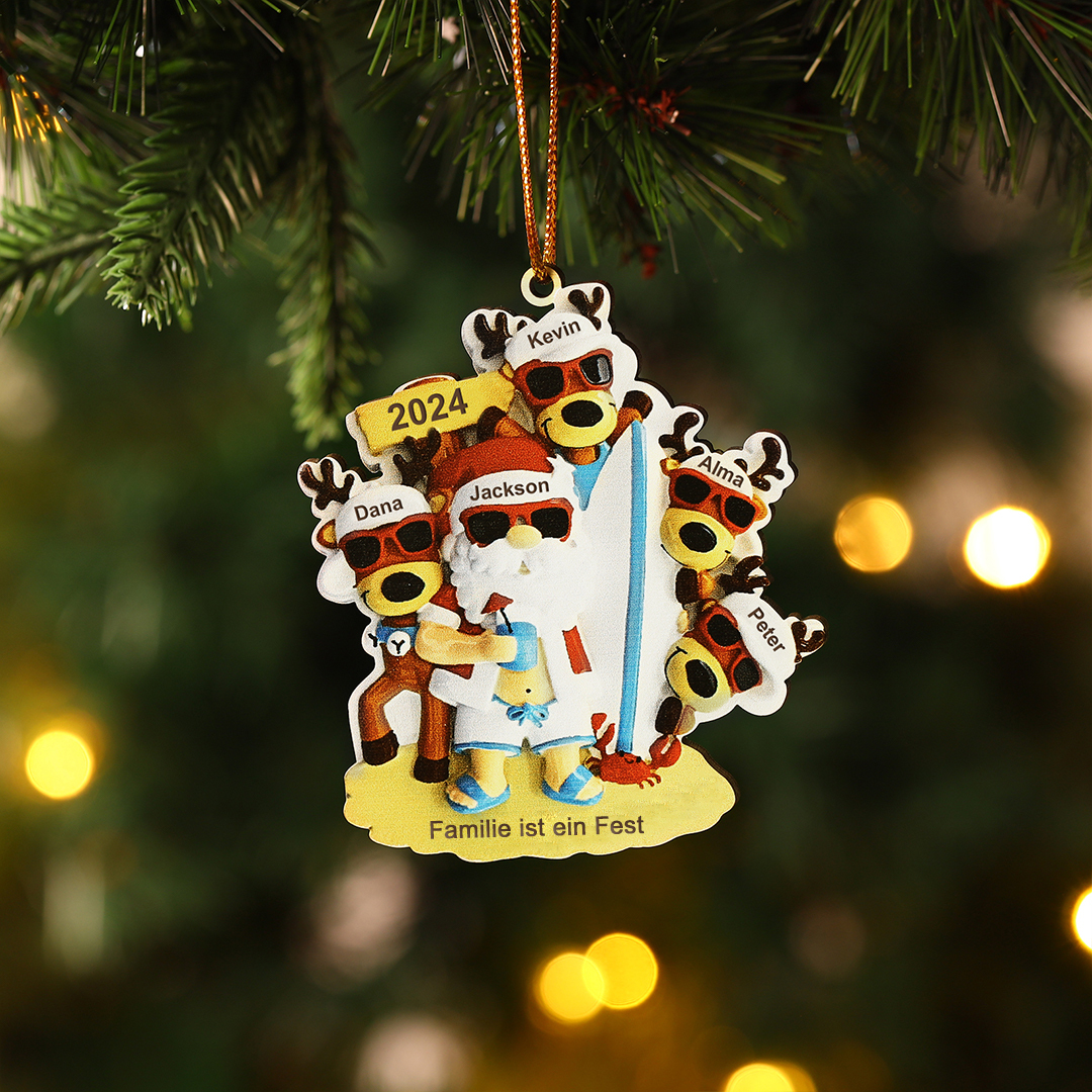 Personalisierter 2-6 Namen & Jahr & Text Weihnachtsornament – Surfer Weihnachtsmann Holzanhänger