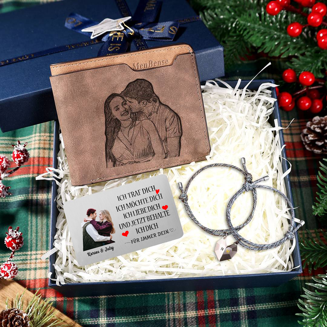 Personalisierter Name & Buchstabe & Foto Leder-Herren-Geldbörse & Wallet Card & Magnetarmband Geschenkbox Set