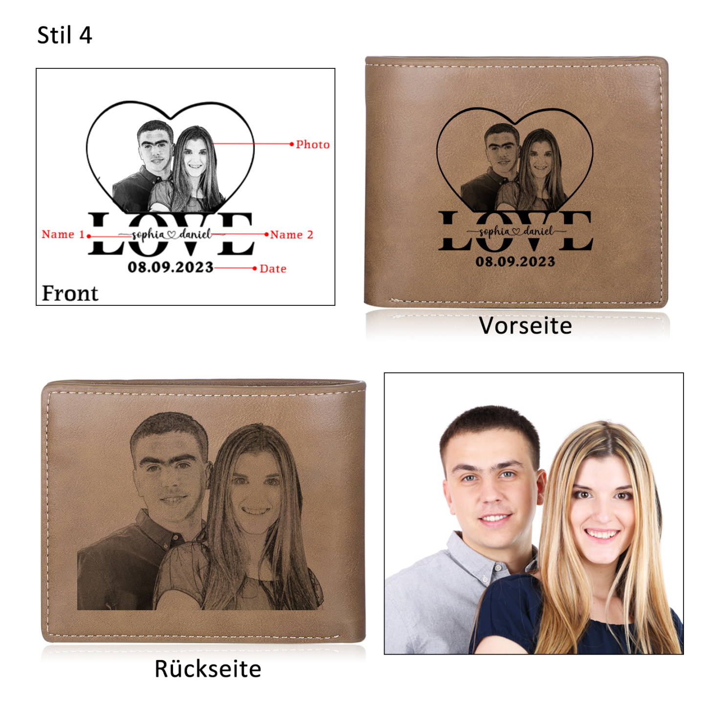 Herren Personalisiertes Foto & 2 Namen & Buchstabe & Datum & Texte & Figure & Kalender PU Leder Herren Geldbörse – Vier Stile zur Auswahl