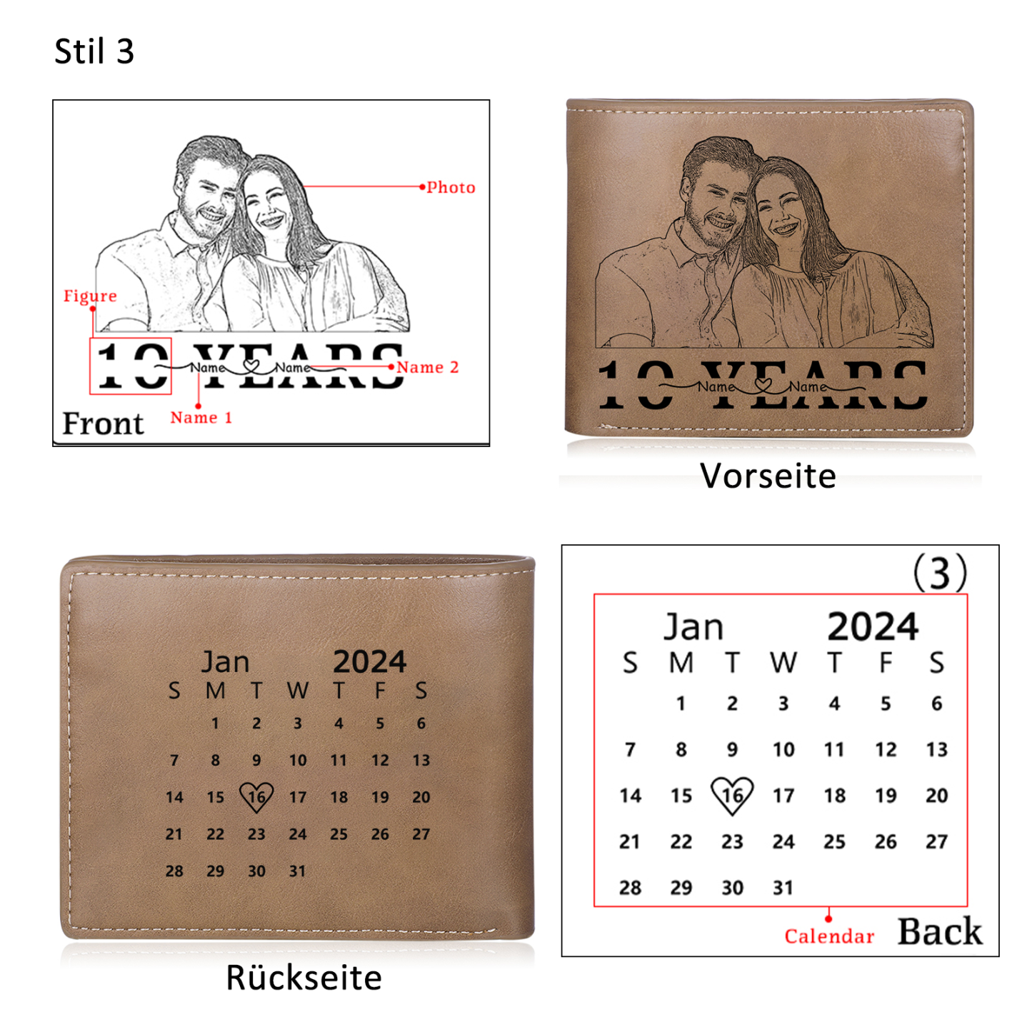 Herren Personalisiertes Foto & 2 Namen & Buchstabe & Datum & Texte & Figure & Kalender PU Leder Herren Geldbörse – Vier Stile zur Auswahl