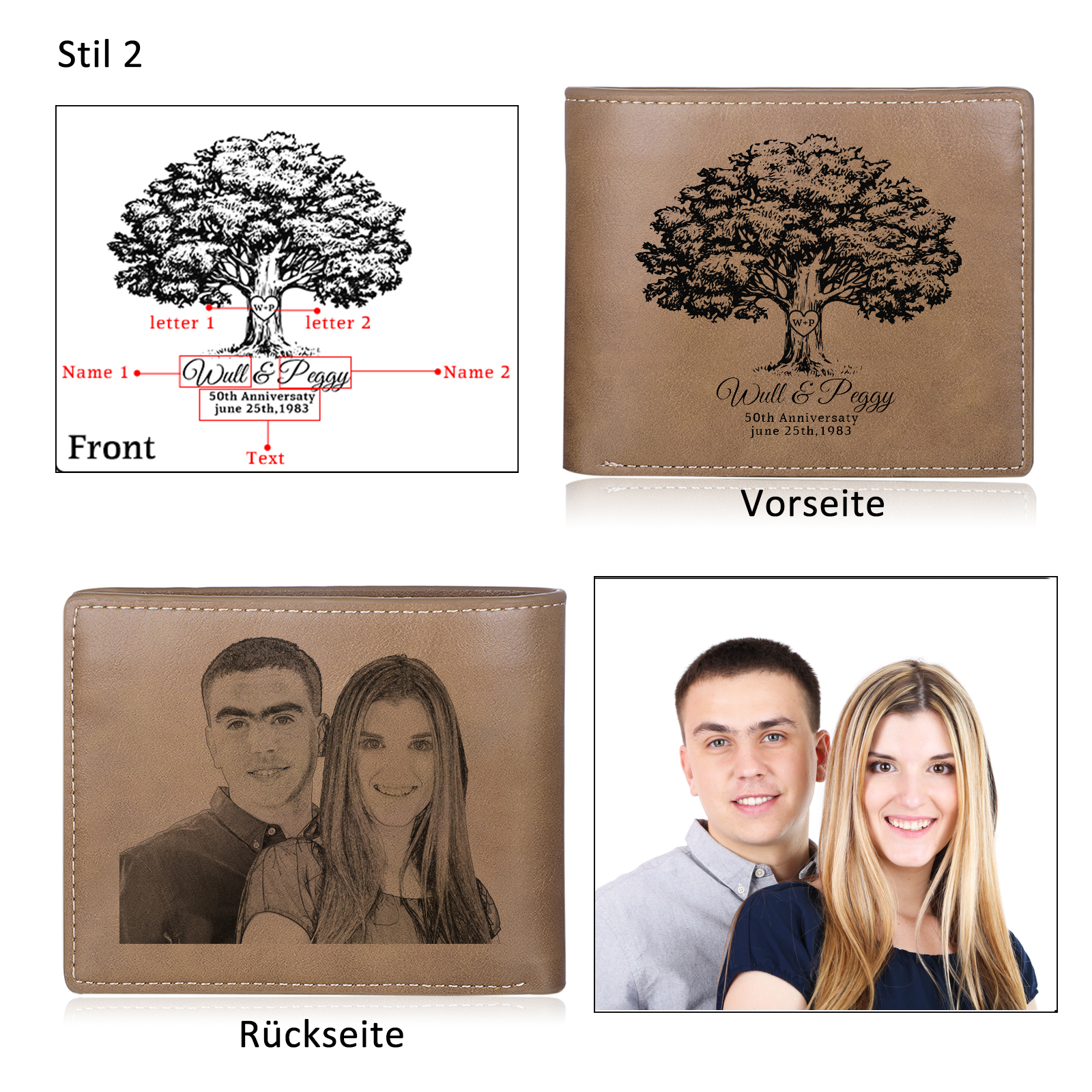 Herren Personalisiertes Foto & 2 Namen & Buchstabe & Datum & Texte & Figure & Kalender PU Leder Herren Geldbörse – Vier Stile zur Auswahl