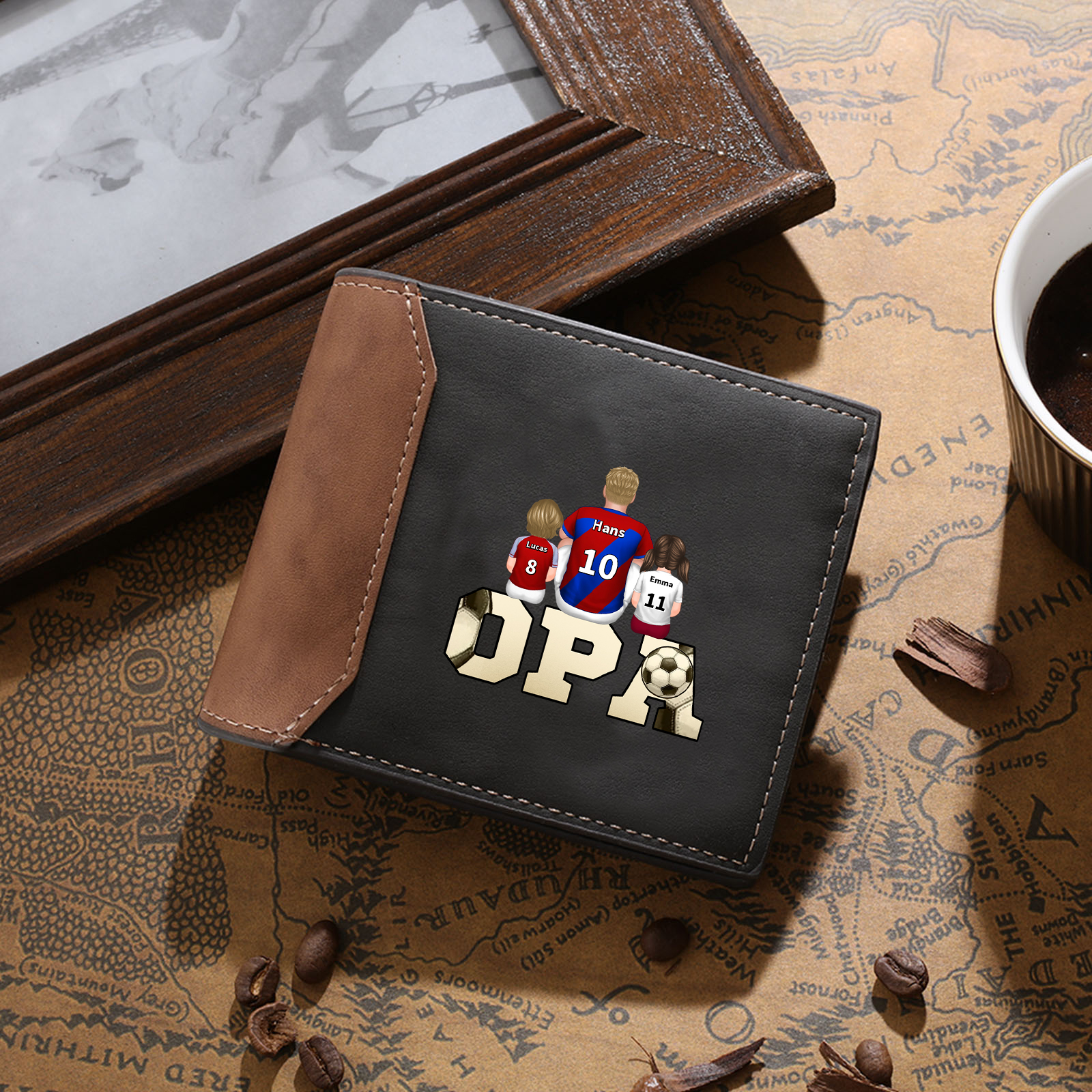 Personalisierte Leder Fußball Geldbörse mit 1-6 Namen – Geschenk zum Großelterntag für Opa