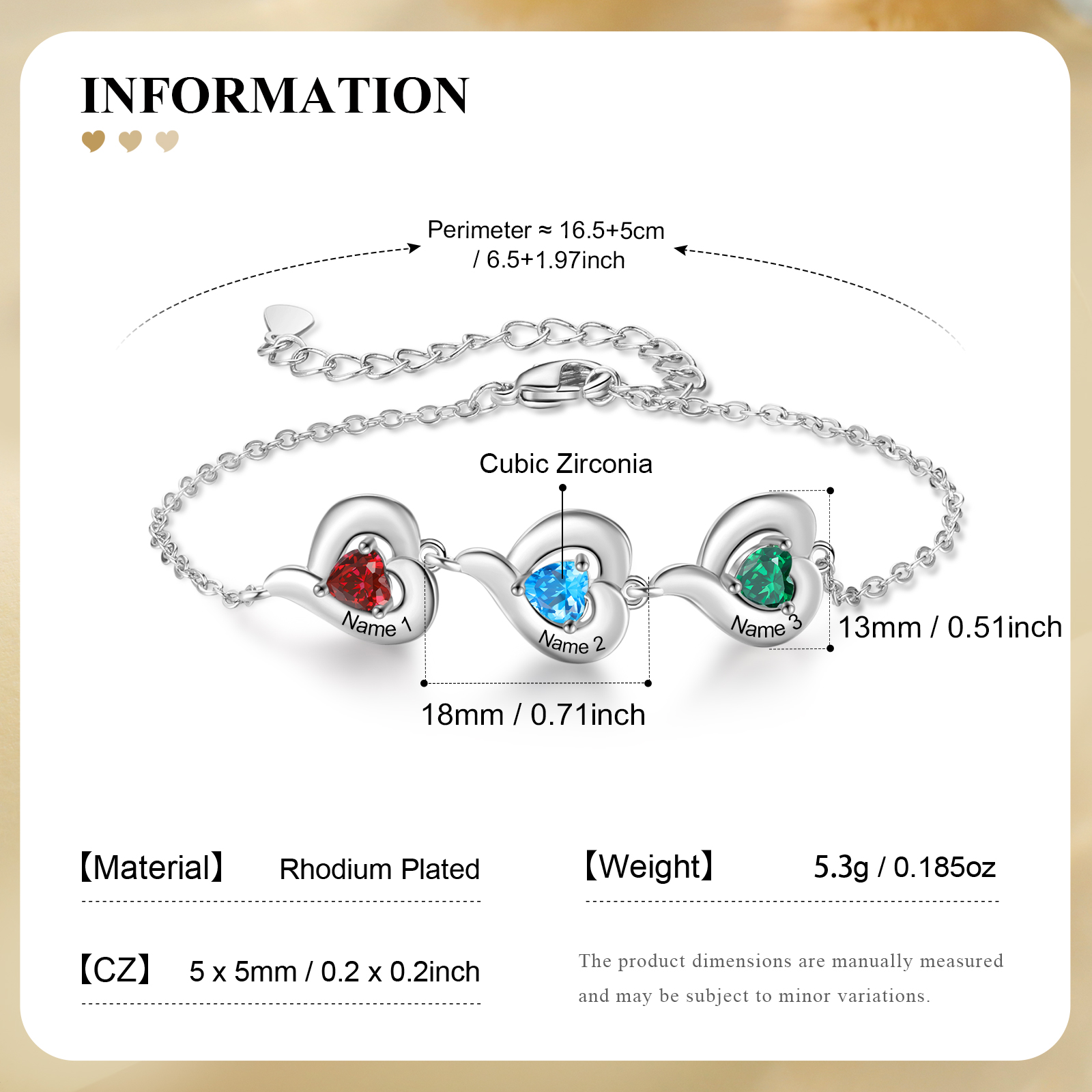 Personalisiertes, verstellbares Herz-Geburtsstein-Armband mit 1-5 Namen