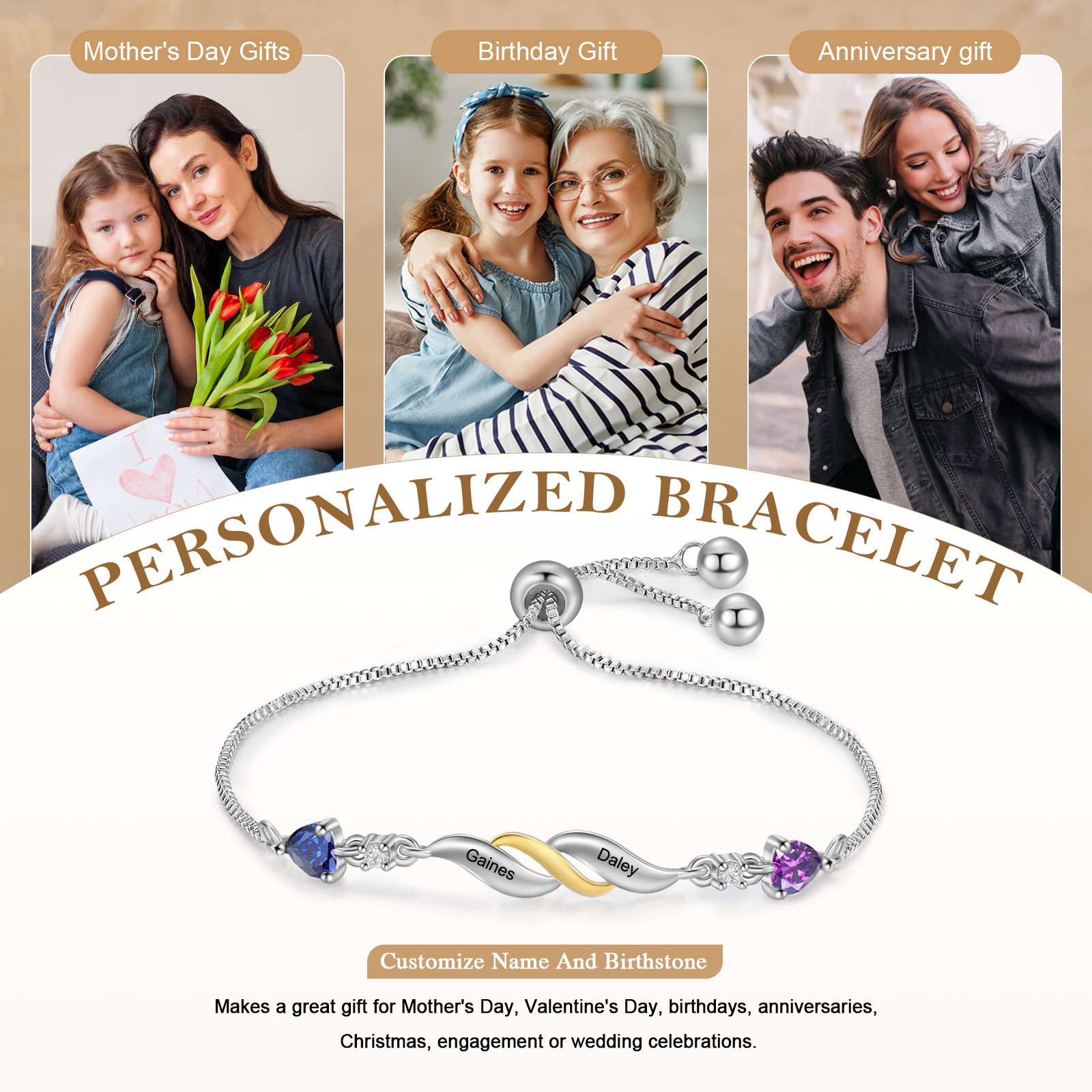 Personalisierte 2-4 Namen Infinity Armband mit 2-4 Geburtssteinen