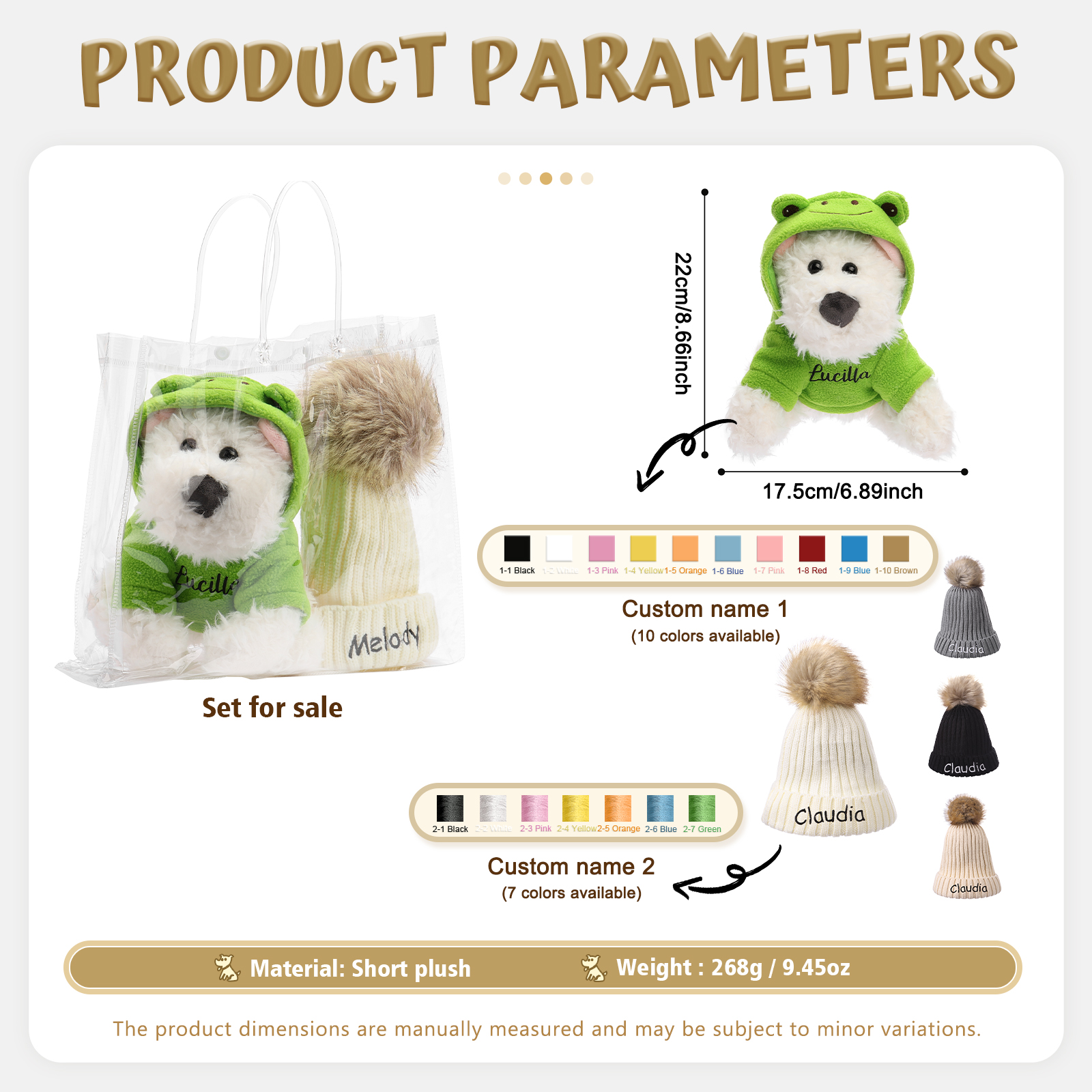 Personalisiertes Set aus Plüschhund und Mütze – Namensstickerei auf Hoodie & Bommelmütze