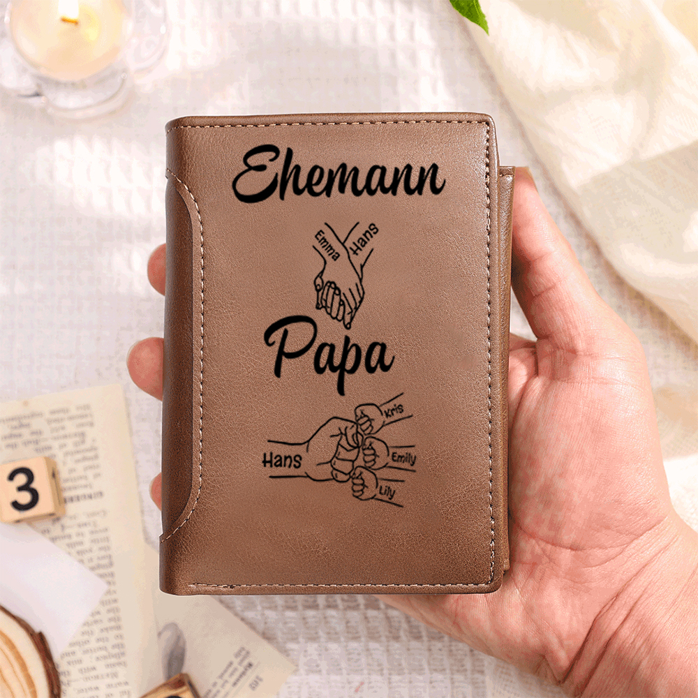 Personalisierte Herren-Ledergeldbörse mit 1–8 Kindernamen und Fist-Bump-Motiv – perfektes Geschenk für Papa