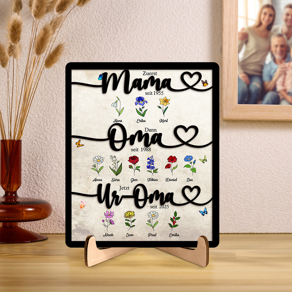 Personalisierte Familien-Holztafel „Erst Mama, dann Oma, jetzt Uroma“ Holzschild mit floralem Motiv