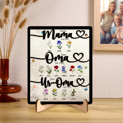 Personalisierte Familien-Holztafel „Erst Mama, dann Oma, jetzt Uroma“ Holzschild mit floralem Motiv
