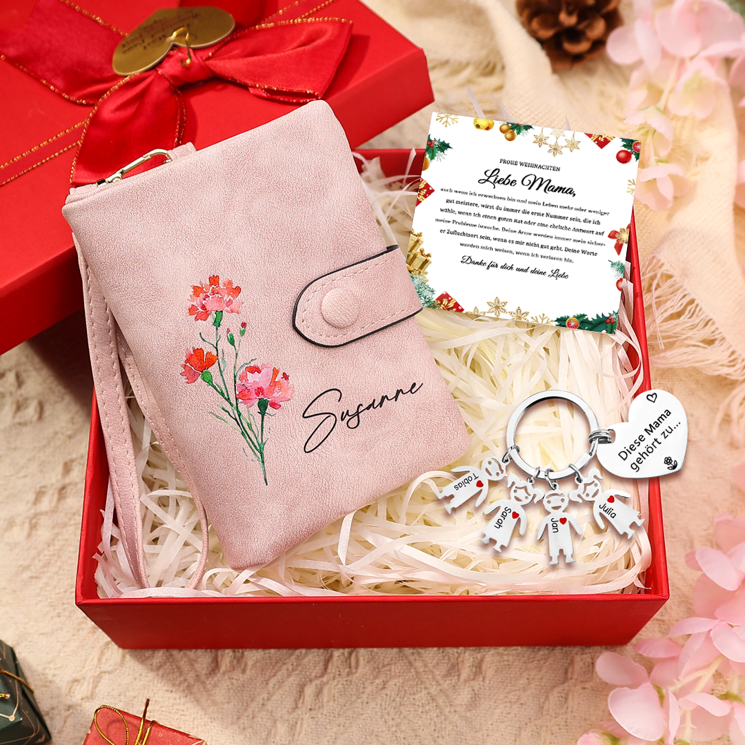 Damen Personalisierter Name & Geburtsblume PU Leder Geldbörse & 4 Namen Schlüsselanhänger Geschenkbox Set für Mama Mutter