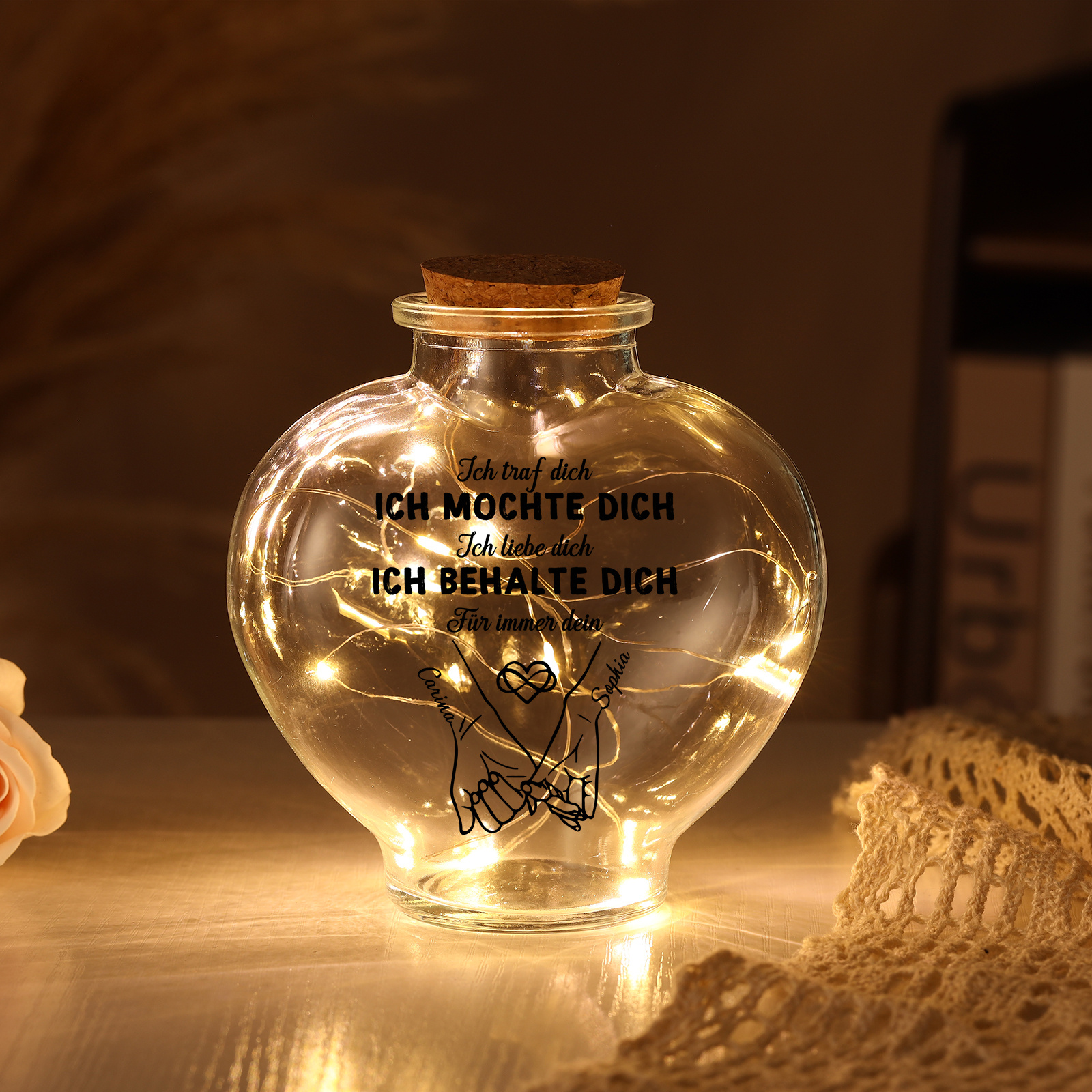 Personalisierte leuchtende Glasflasche – dekorative LED-Lampe in Herzform für Paare