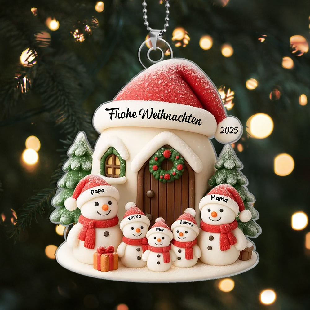 Personalisierter Christbaumschmuck mit Schneemannfamilie im Häuschen