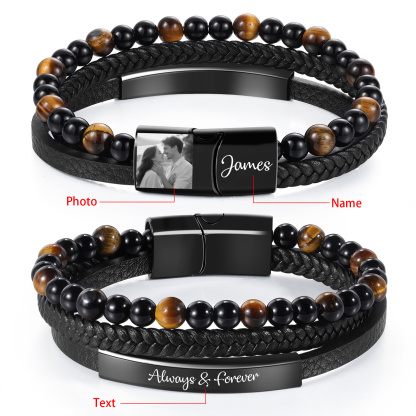 Personalisiertes Herren-Lederarmband, geflochten, mit Foto & Gravur, Onyx- & Tigerauge-Perlen, Magnetverschluss, romantisches Geschenk für Freund