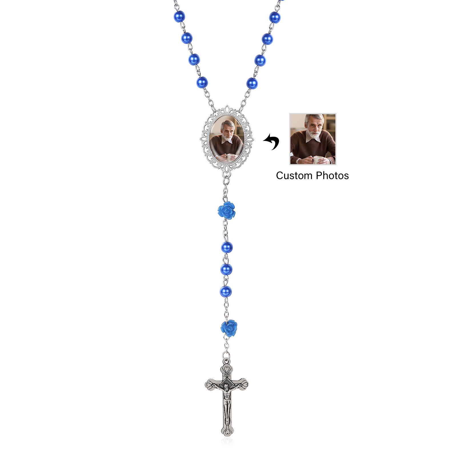 Personalisierter Rosenkranz mit Foto, Kreuz und Perlen religiöses Andenken
