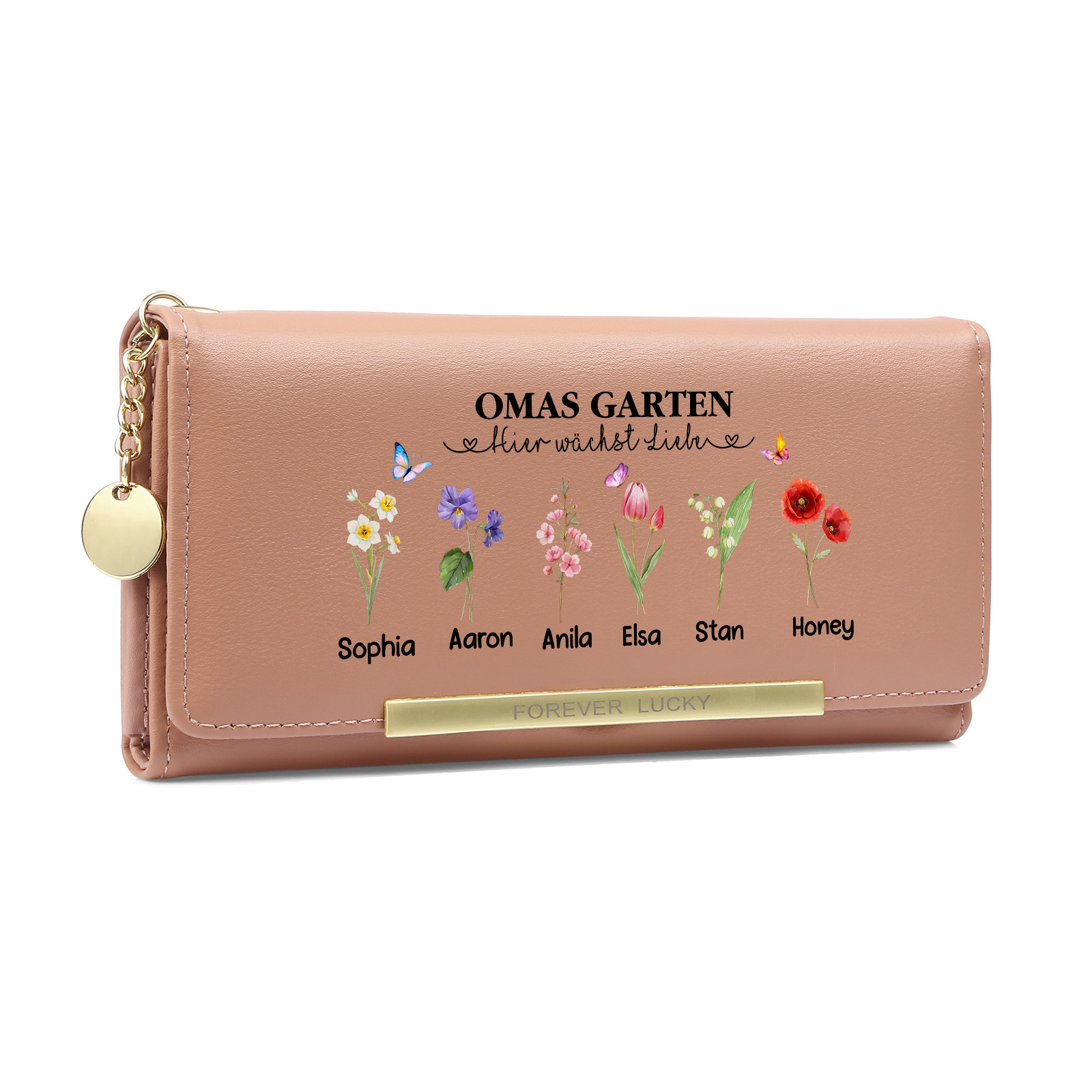 Großeltern-Tag Oma Geldbörse Individuell mit 1-6 Geburtsblumen & 1-6 Namen Muttertag Geschenk | Kettenmachen