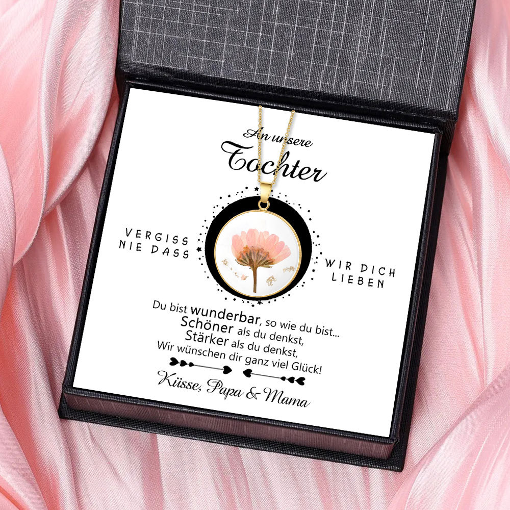 Echte getrocknete personalisierte Geburtsblumen-Boho-Halskette mit gepresstem Blütenanhänger Tochter-Kartenset