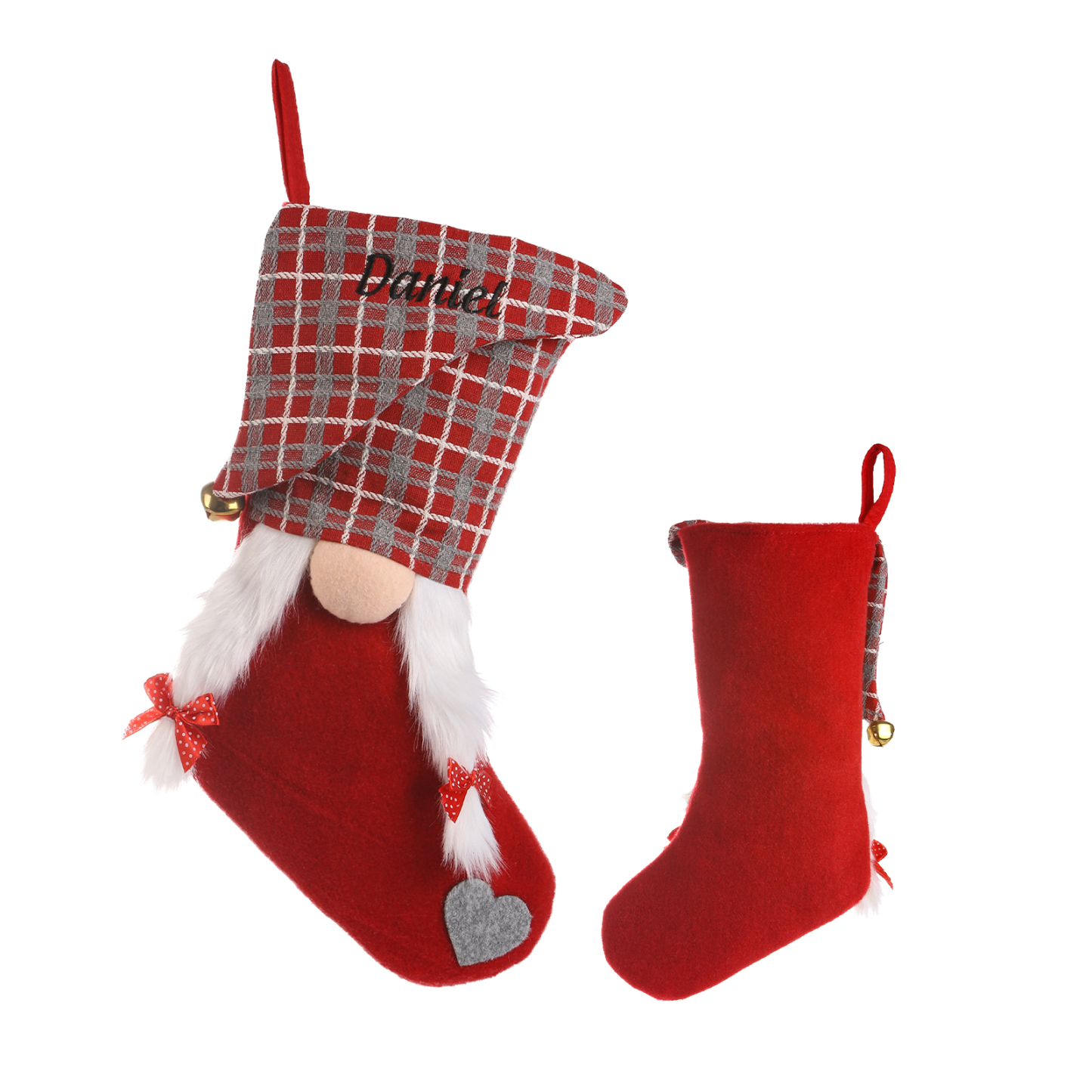 Personalisierbarer Rot und Grau Karo Wichtel-Weihnachtsstrumpf Herz