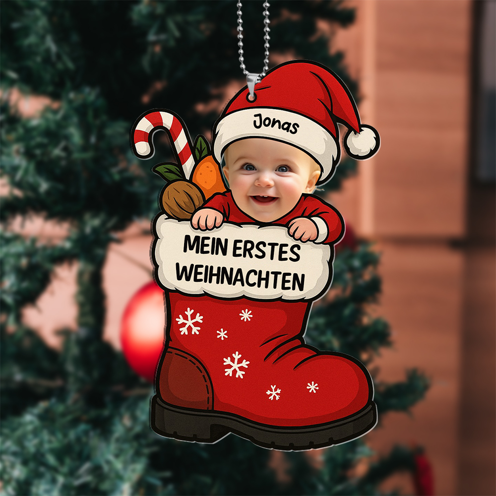 Personalisierbarer Nikolausstiefel-Weihnachtsbaumschmuck „Erstes Weihnachten“ mit Babyfoto