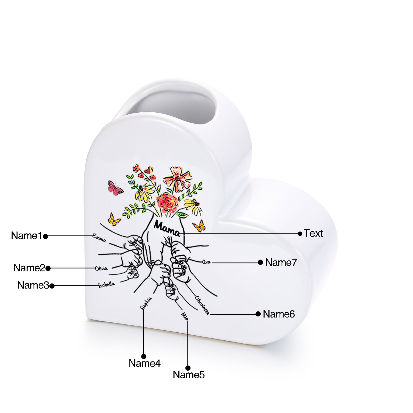 Personalisierte Herzvase aus Keramik mit Wunschtext und 2–8 Kindernamen