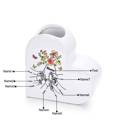 Personalisierte Herzvase aus Keramik mit Wunschtext und 2–8 Kindernamen