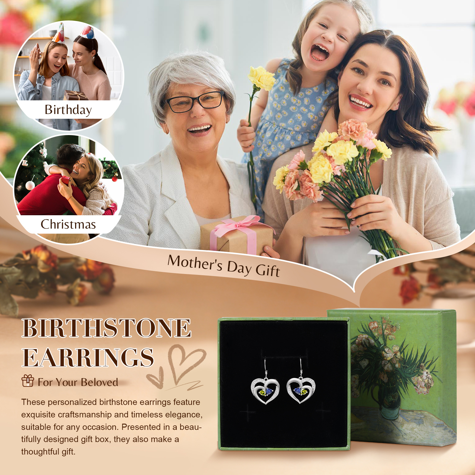 Personalisierte Herz Ohrringe mit 2 Geburtssteinen aus 925er Sterlingsilber