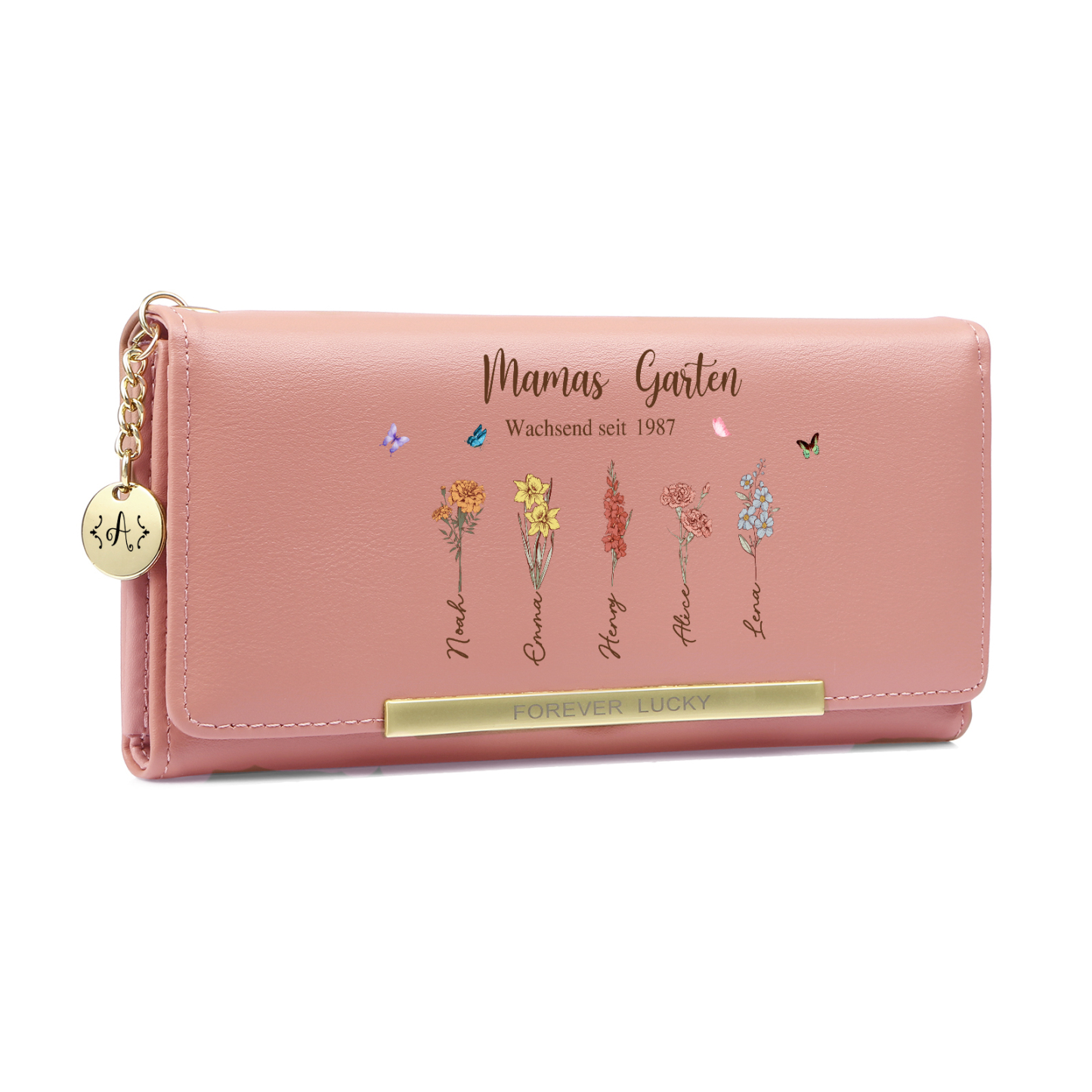 Personalisierte Damen Leder-Geldbörse Omas Garten gestaltet mit 1–8 Geburtsblumen und Namen