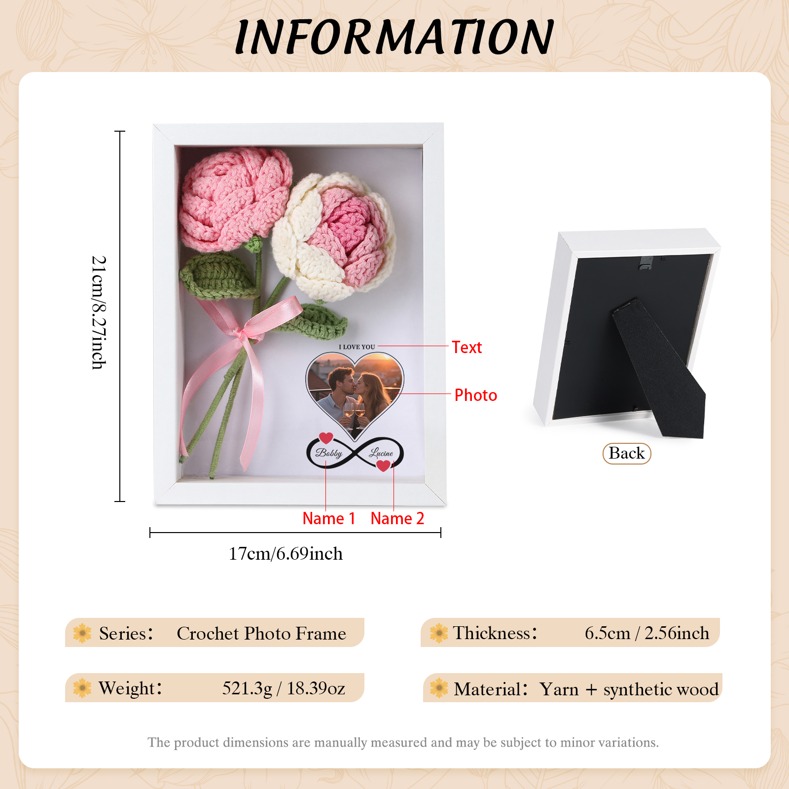 Personalisierter Foto-Tiefenrahmen mit Häkelrose