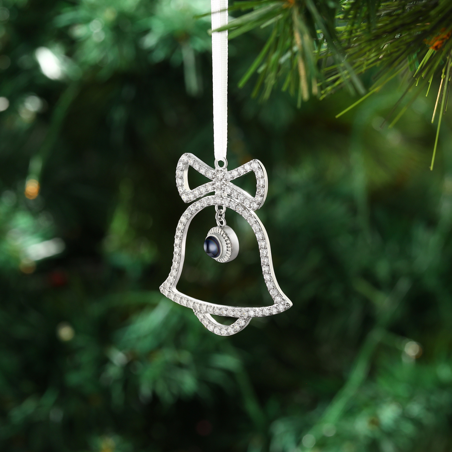 Personalisierter Glockenornament mit Schleife & Fotoprojektion zu Weihnachten, Christbaumanhänger, Weihnachtsanhänger