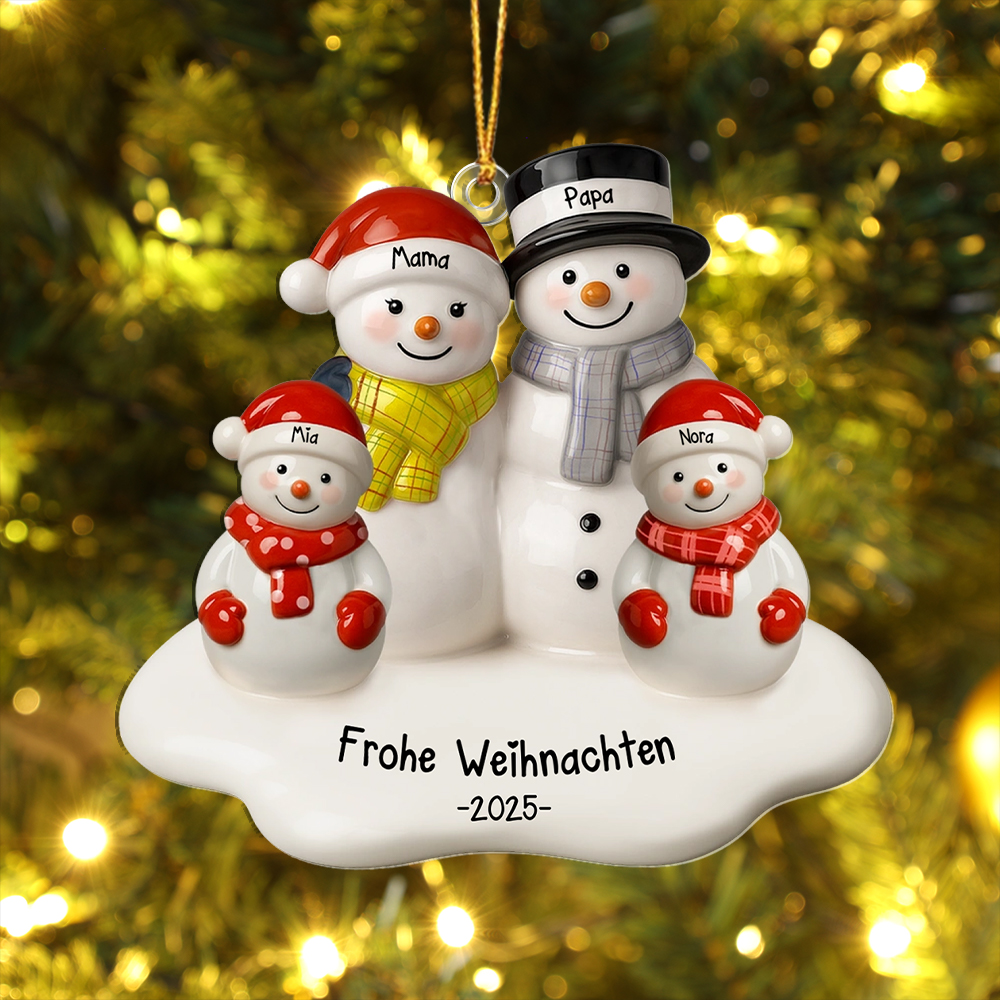 Personalisierter Weihnachtsbaumschmuck: Ein Schneemann für eine vierköpfige Familie, ein perfektes Geschenk für Ihre Lieben.