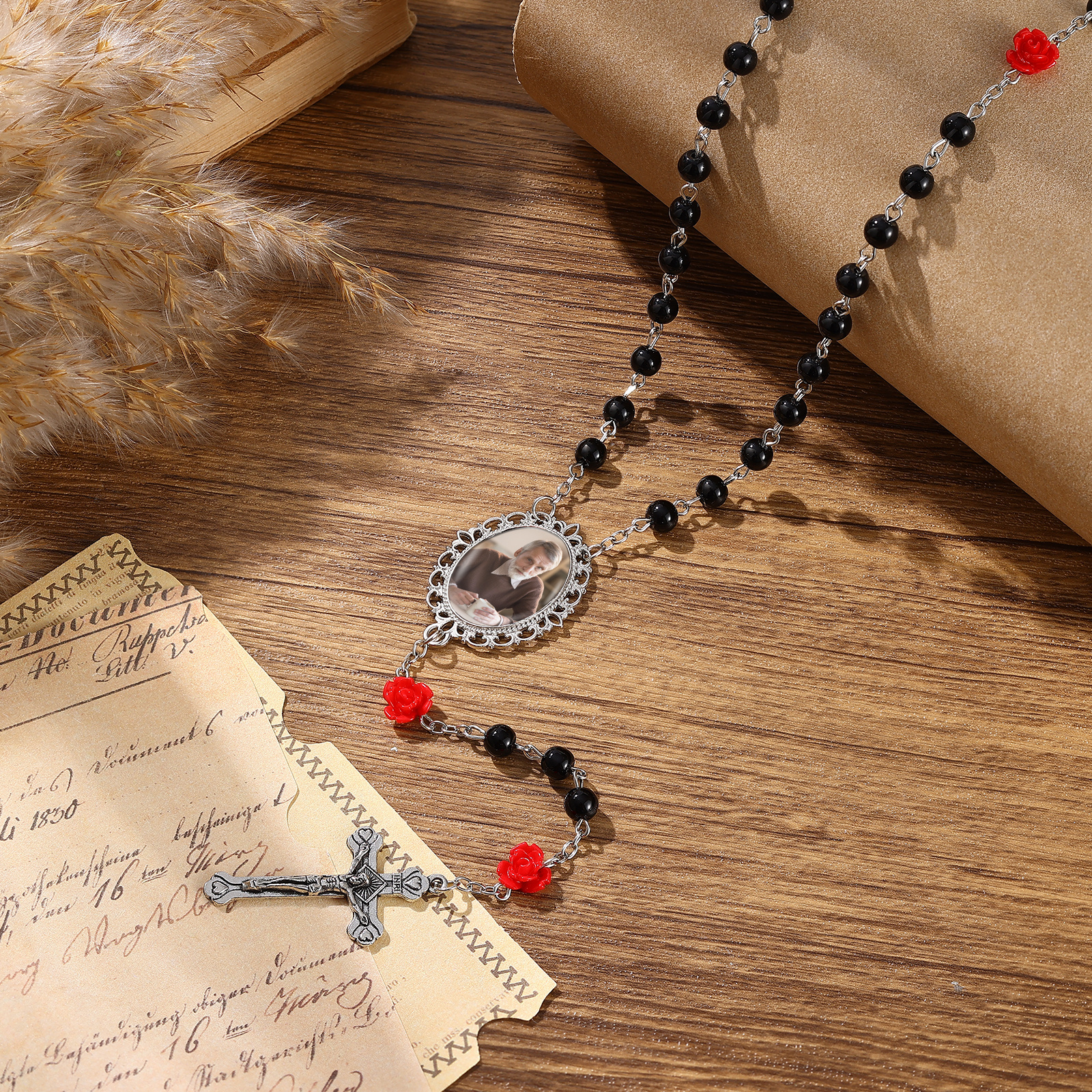 Personalisierter Rosenkranz mit Foto, Kreuz und Perlen religiöses Andenken