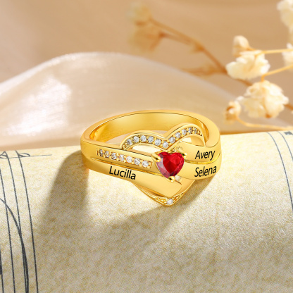 Personalisierter Herzring mit Herz-Geburtsstein – bis zu 4 Namen gravierbar, Geschenk für Frauen