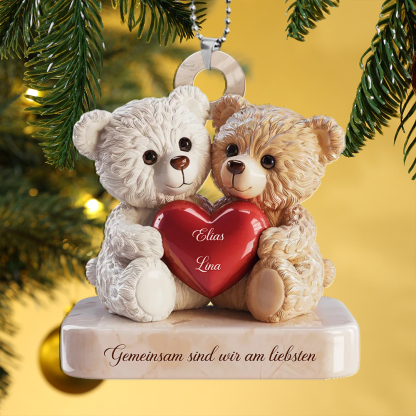 Personalisierbarer Teddybär-Paar-Anhänger mit Herz – Weihnachtsbaumschmuck