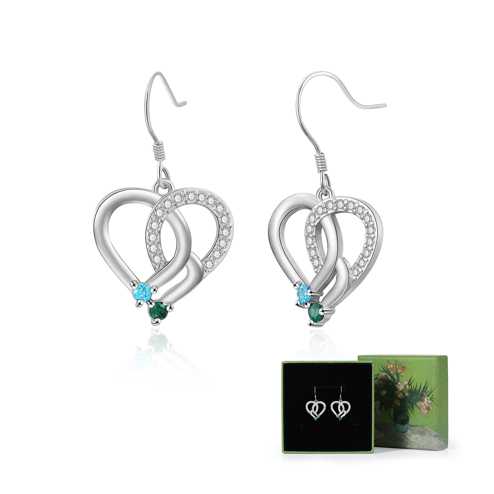 Personalisierte Geburtsstein Ohrringe mit ineinandergreifenden Herzen und 2 Geburtssteinen aus 925er Sterlingsilber