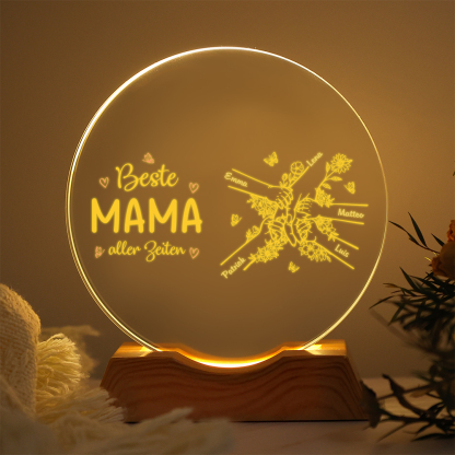 Personalisierte runde Kristall-Nachtlampe, individuell mit 2–7 Namen – „Beste Mama aller Zeiten“ – Familie Hand in Hand – warme Lampe, Muttertags- und Geburtstagsgeschenk für Mama oder Oma, Kettenmachen