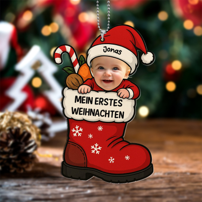 Personalisierbarer Nikolausstiefel-Weihnachtsbaumschmuck „Erstes Weihnachten“ mit Babyfoto