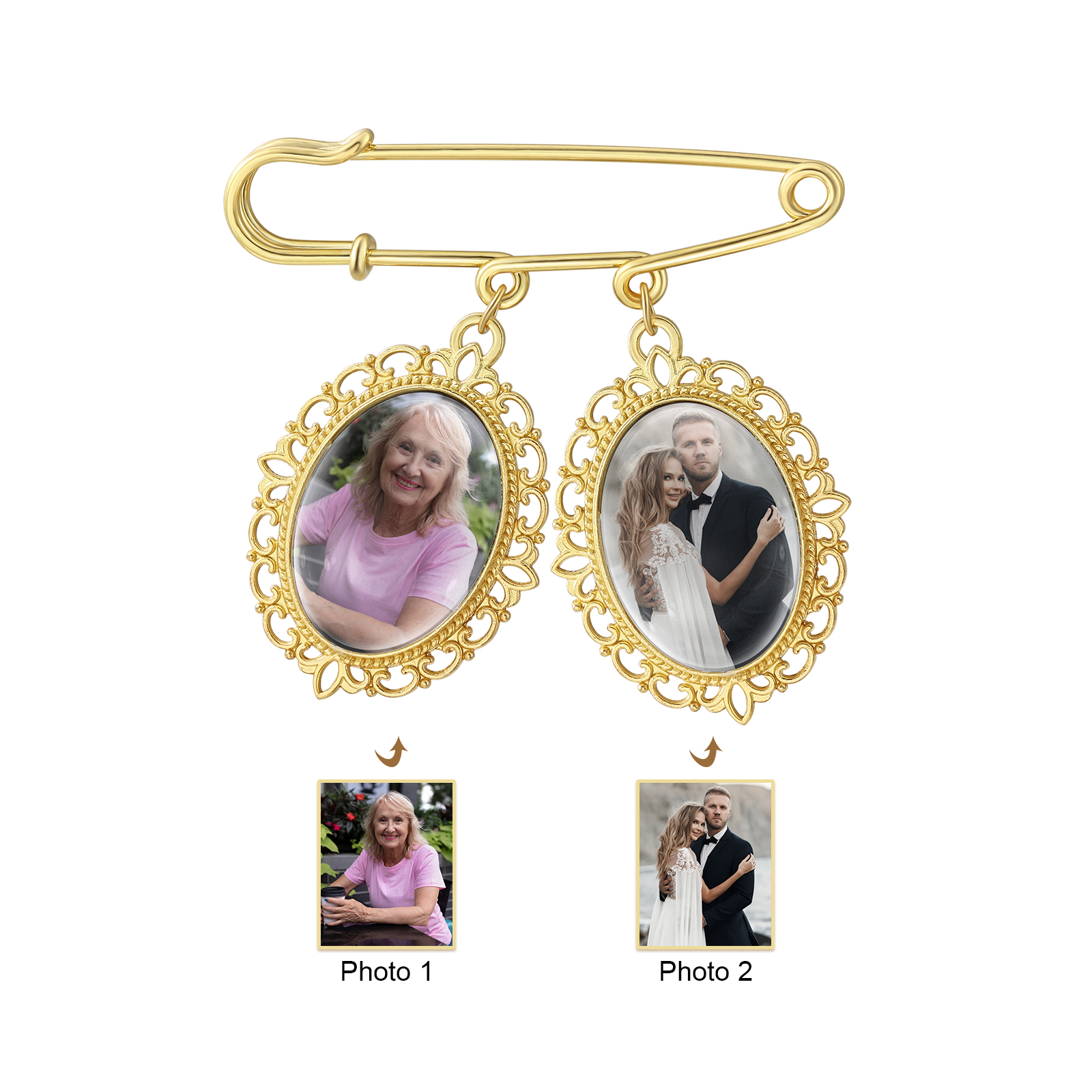 Personalisierte Foto-Brosche für Brautstrauß mit Wunschtext und Herz-Anhänger Geschenk für die Braut