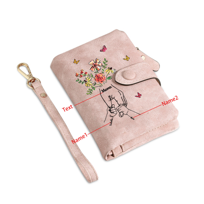 Personalisierte PU-Leder-Geldbörse mit Blumen und Hand-in-Hand-Motiv sowie 2–6 Namen – liebevolles Geschenk für Mama