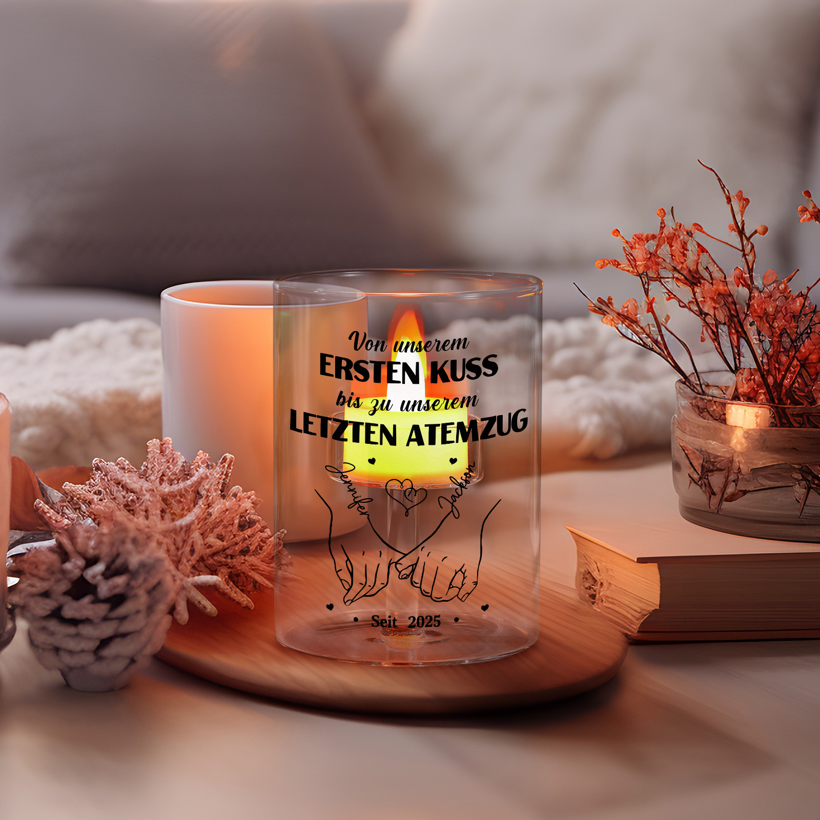 Personalisierbares Glas-Windlicht mit Namen & Datum - Von unserem ERSTEN KUSS bis zu unserem LETZTEN ATEMZUG