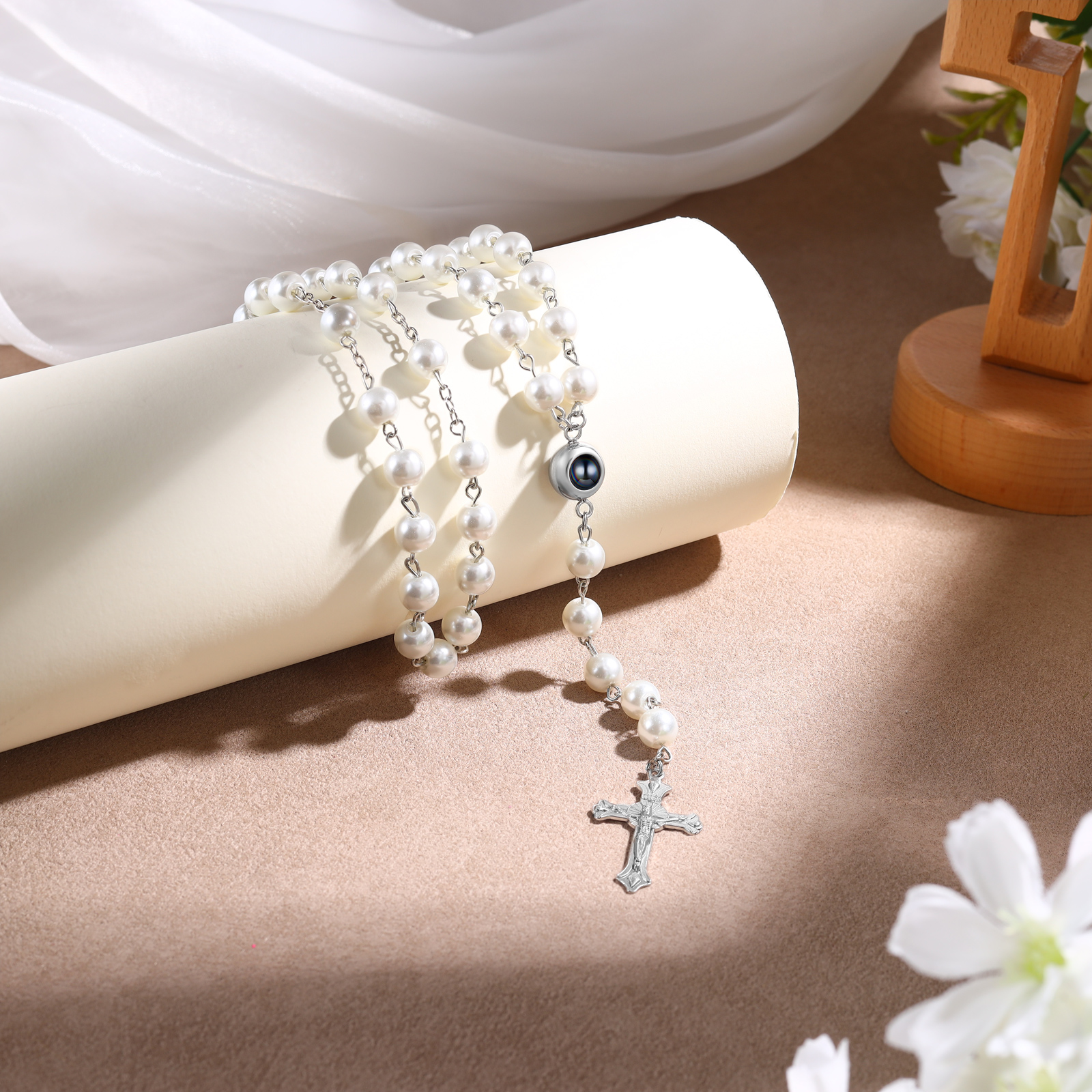 Rosenkranz Halskette Rosa/weiß Mit Kreuz – Ca. 70 Cm, Kunstperlen, Taufgeschenk Für Mädchen