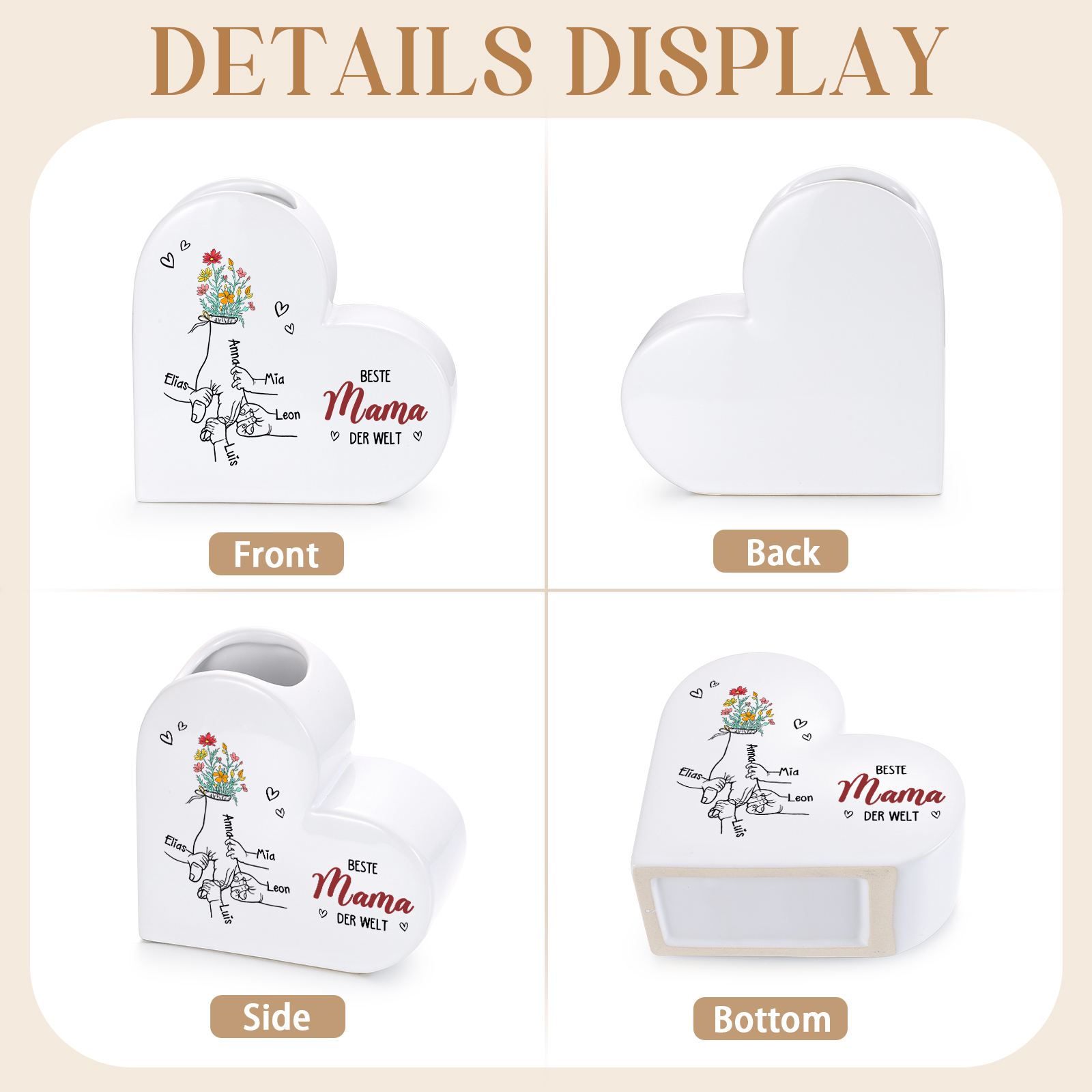 Personalisierte Keramik-Herzvase mit 2–6 Vornamen Beste Mama/Oma der Welt
